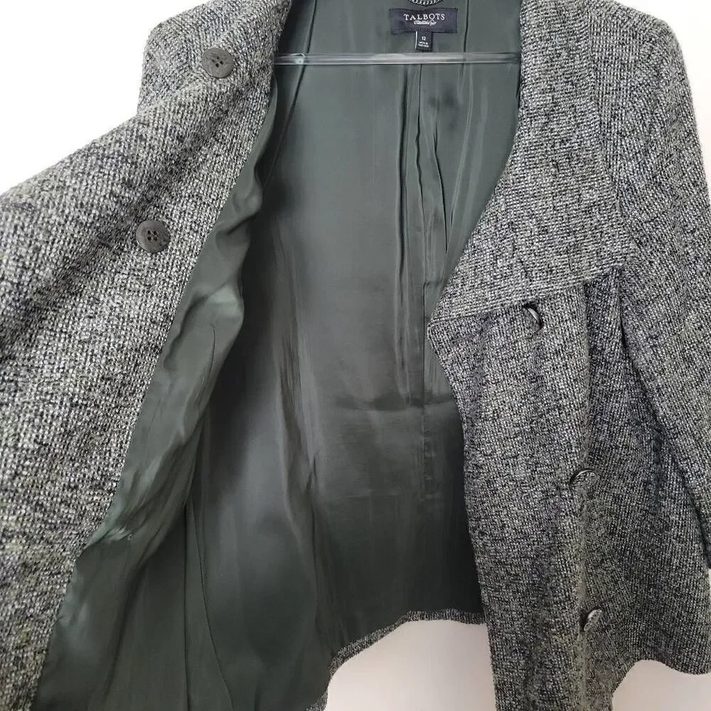 Talbots Double Breasted Wool Blend Lined Green Black Career Jacket Blazer 12